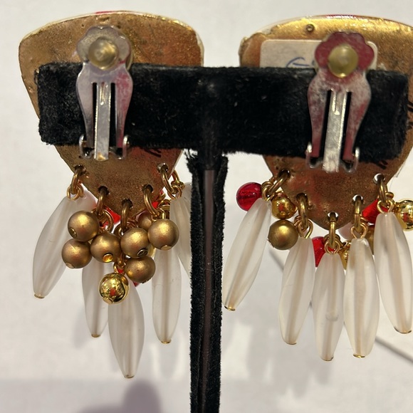 Vintage IKARAMI Red White and Gold Statement Earrings-Boutique - Picture 4 of 6